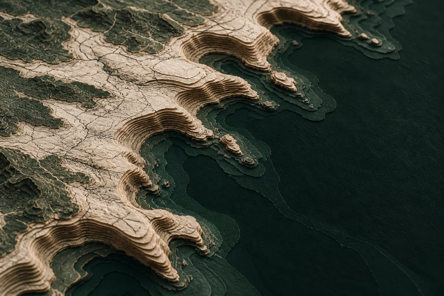 Relief sculpté évoquant des archives, à la rencontre de la terre et de la mer
