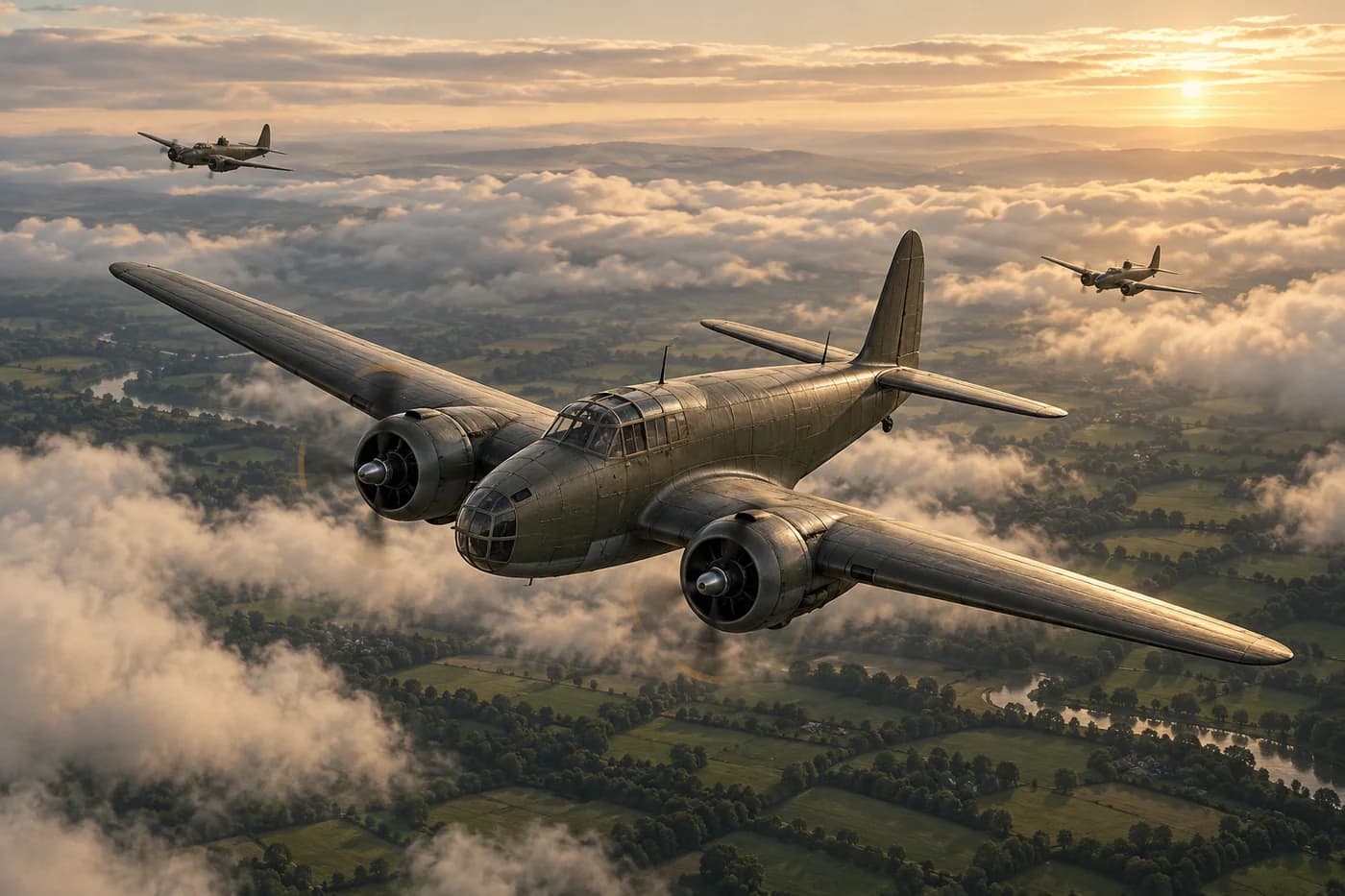 Illustration d’avions historiques au-dessus des nuages et de la campagne
