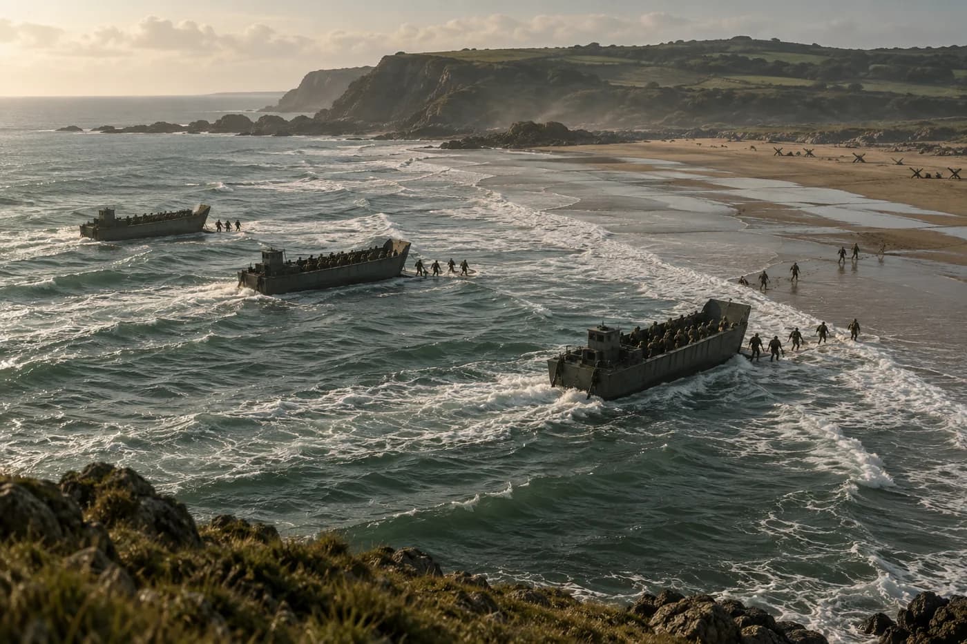 Illustration de chalands de débarquement approchant d’une plage