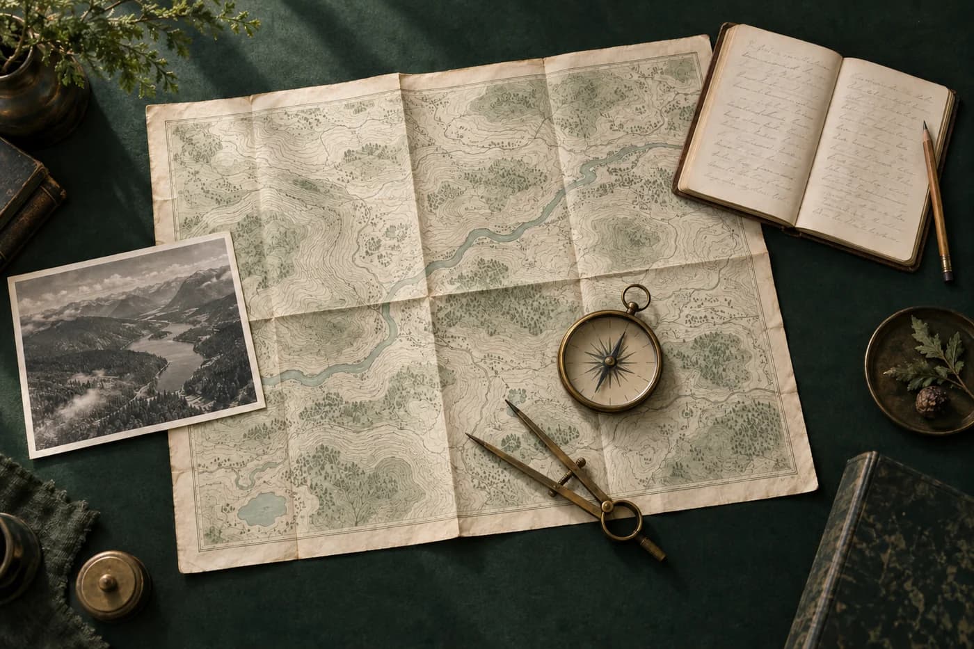Illustration de cartes de campagne historiques, d’un carnet de terrain et d’instruments cartographiques