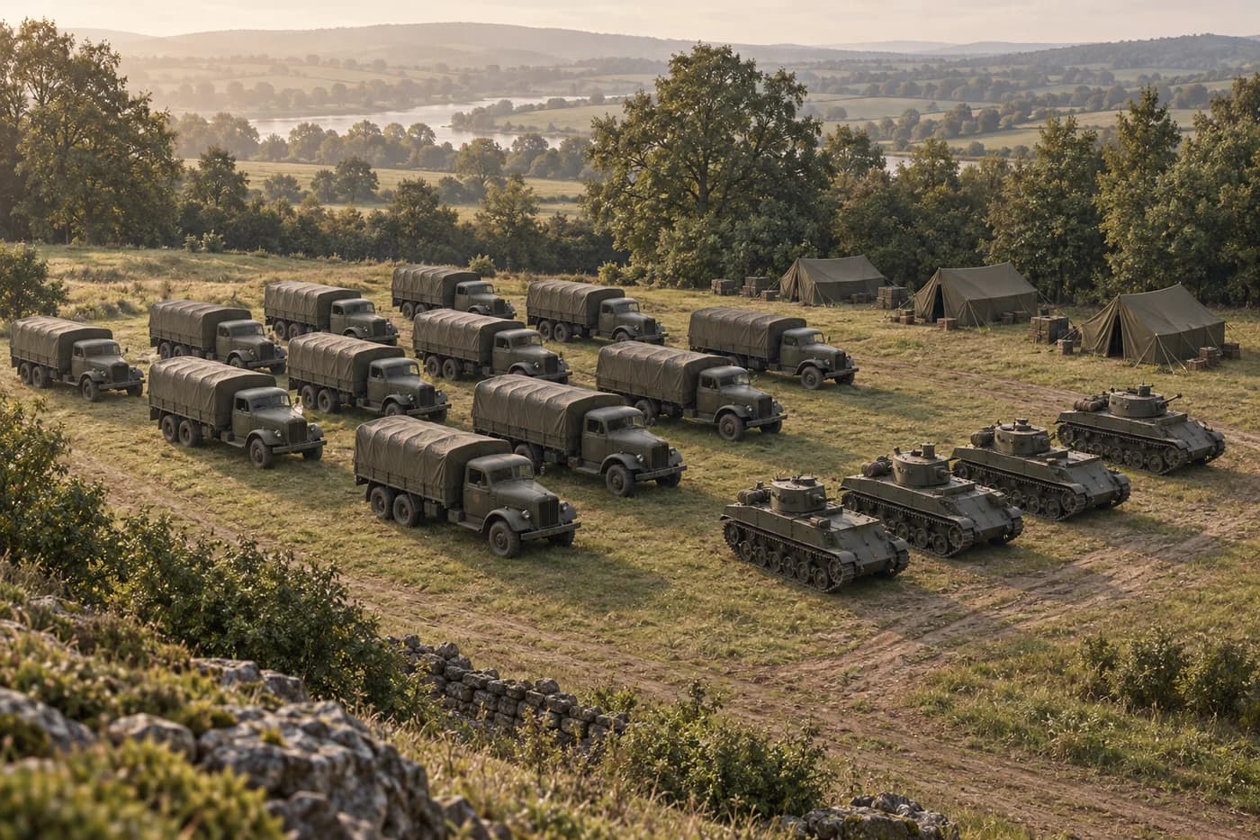 Illustration de véhicules militaires regroupés dans une zone de rassemblement