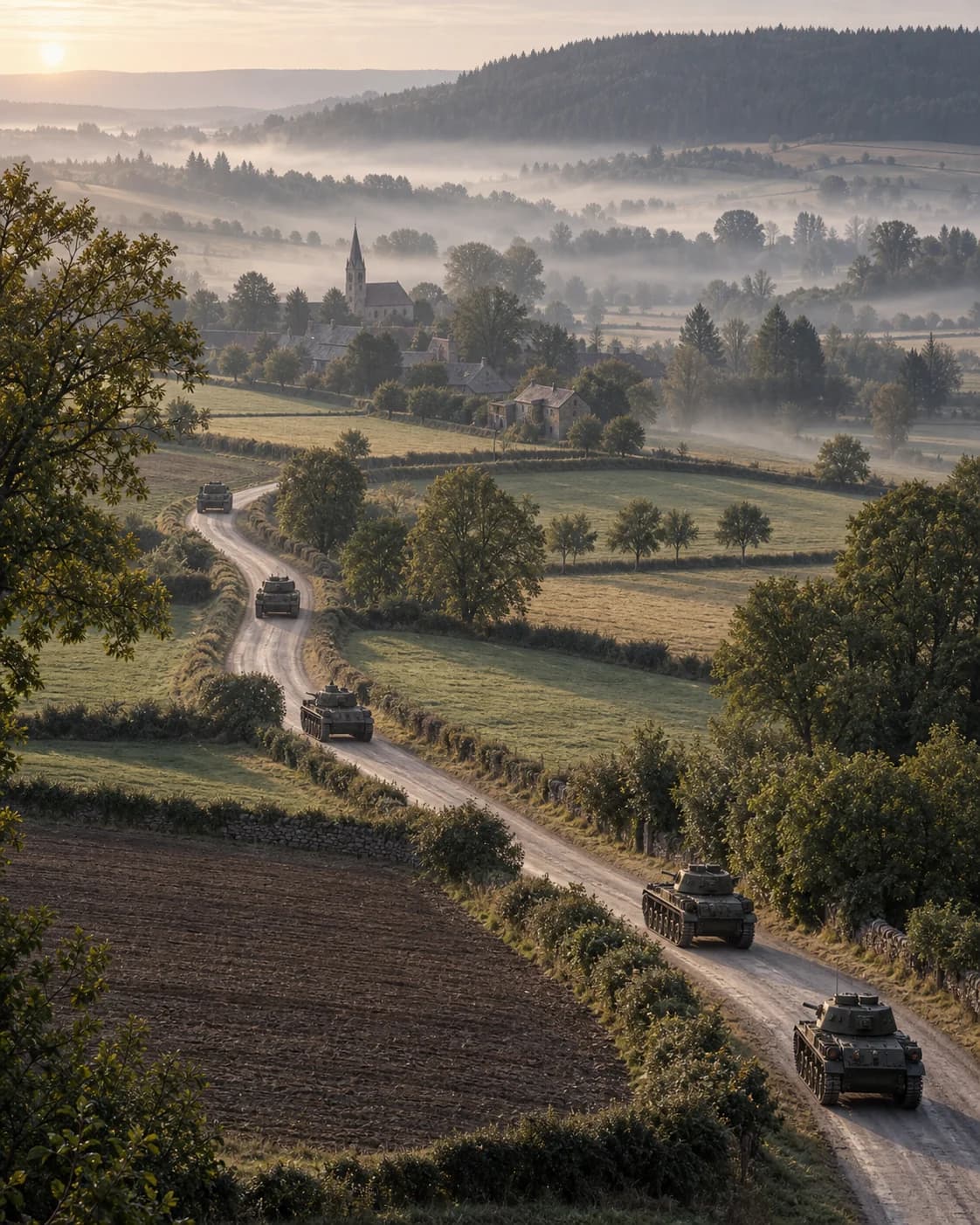 Illustration d’un convoi blindé historique traversant la campagne européenne