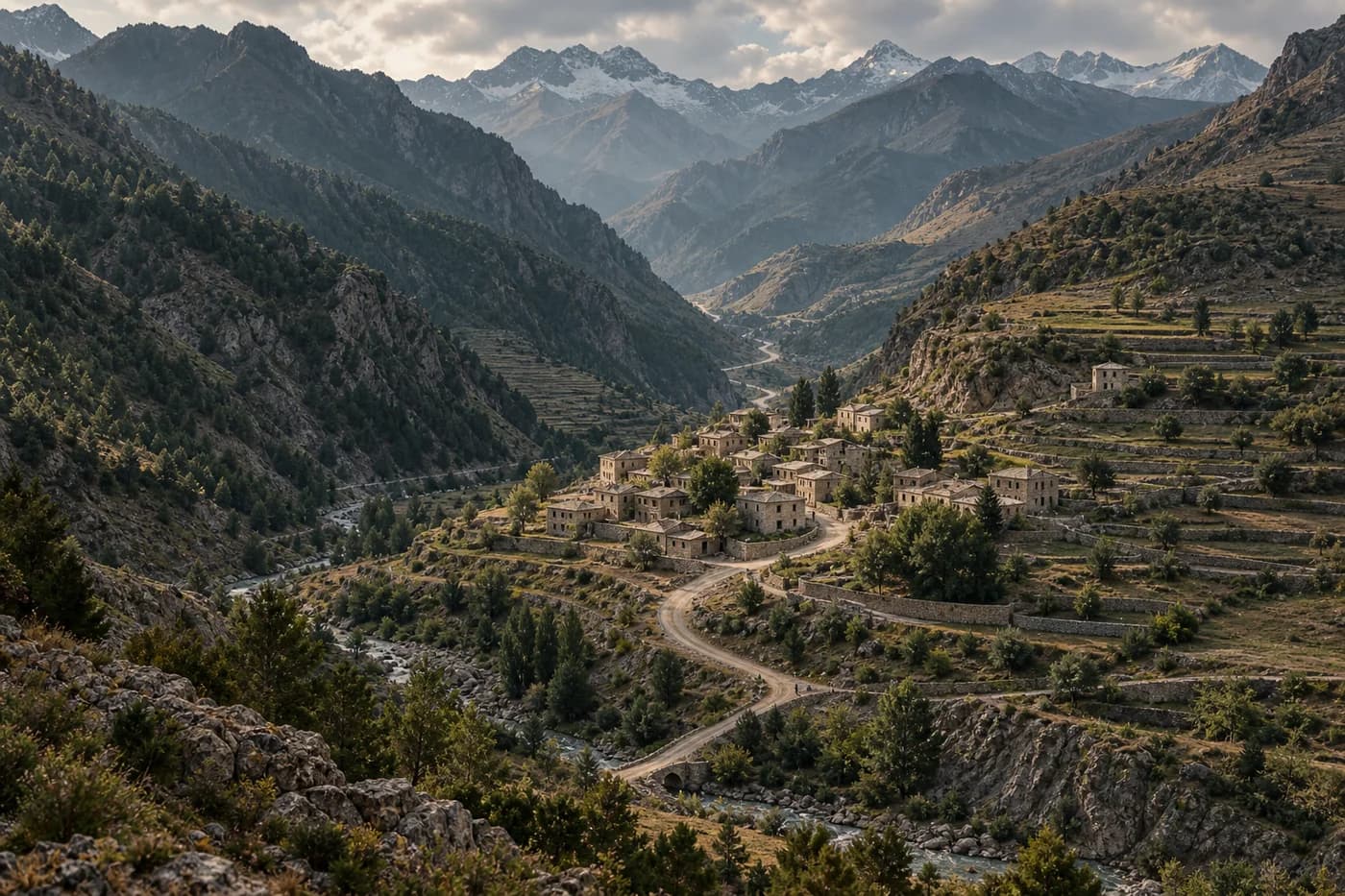 Illustration d’un village de montagne et des routes de sa vallée