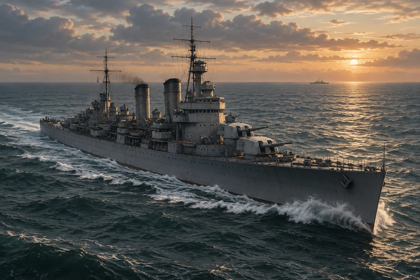 Illustration d’un croiseur historique et de son sillage en mer