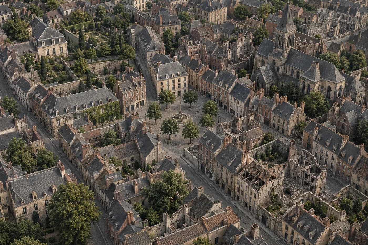 Illustration d’un quartier urbain dense et de son bâti endommagé
