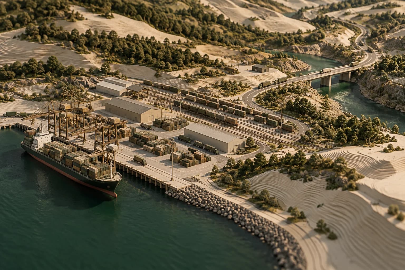 Un modèle de terrain illustratif relie un port de fret, une tête de ligne ferroviaire et un itinéraire de ravitaillement vers l’intérieur des terres.